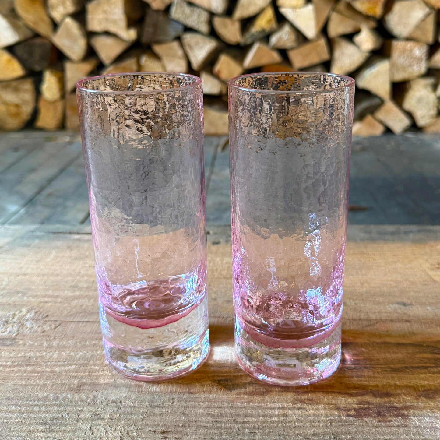 Cherry Blossom Collection: set of 2 pink-tinted, hand-blown highball glasses with hammered texture, Made in USA.