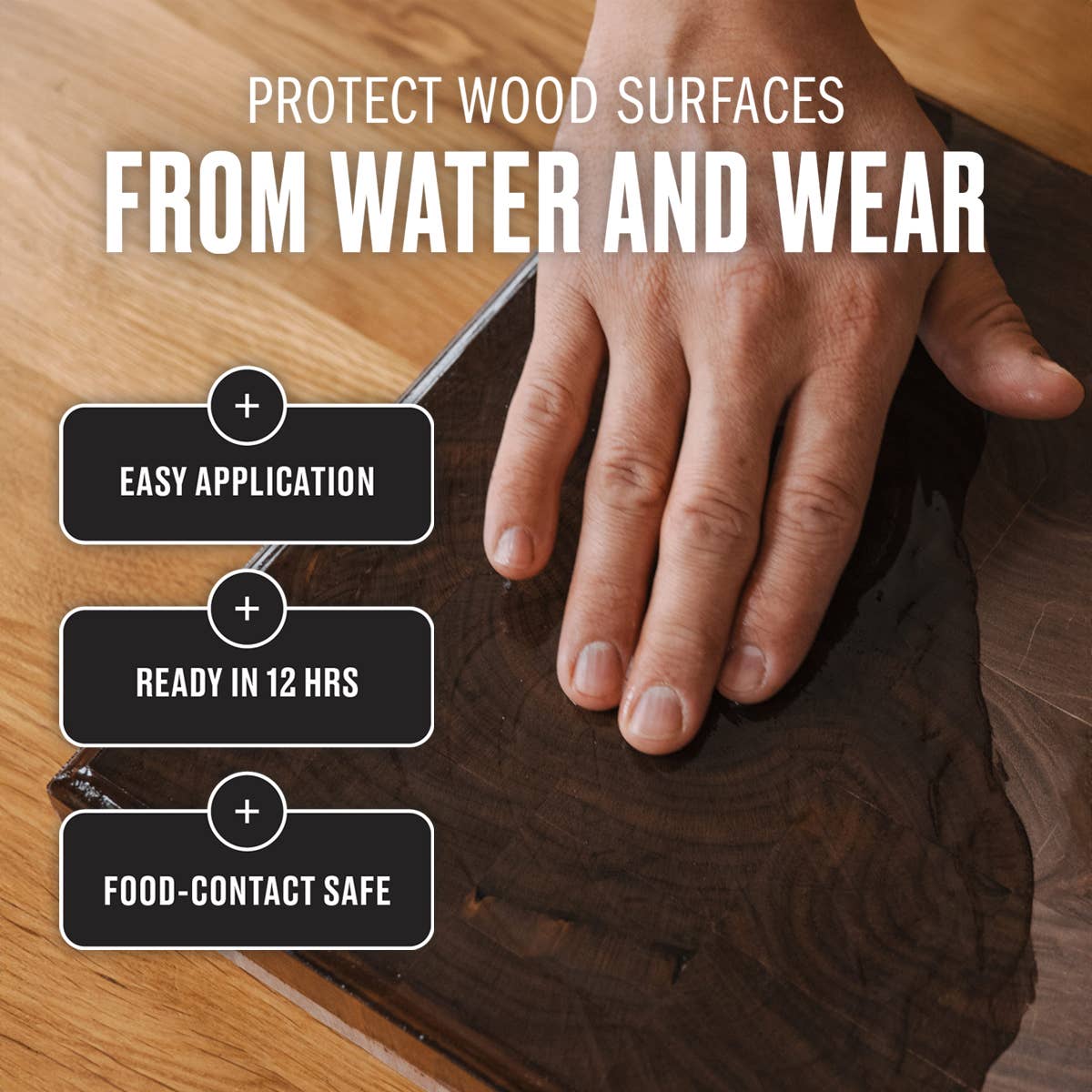 Applying Cutting Board Oil, 2 oz., to a wooden cutting board; nourishes and seals wood; food-safe.
