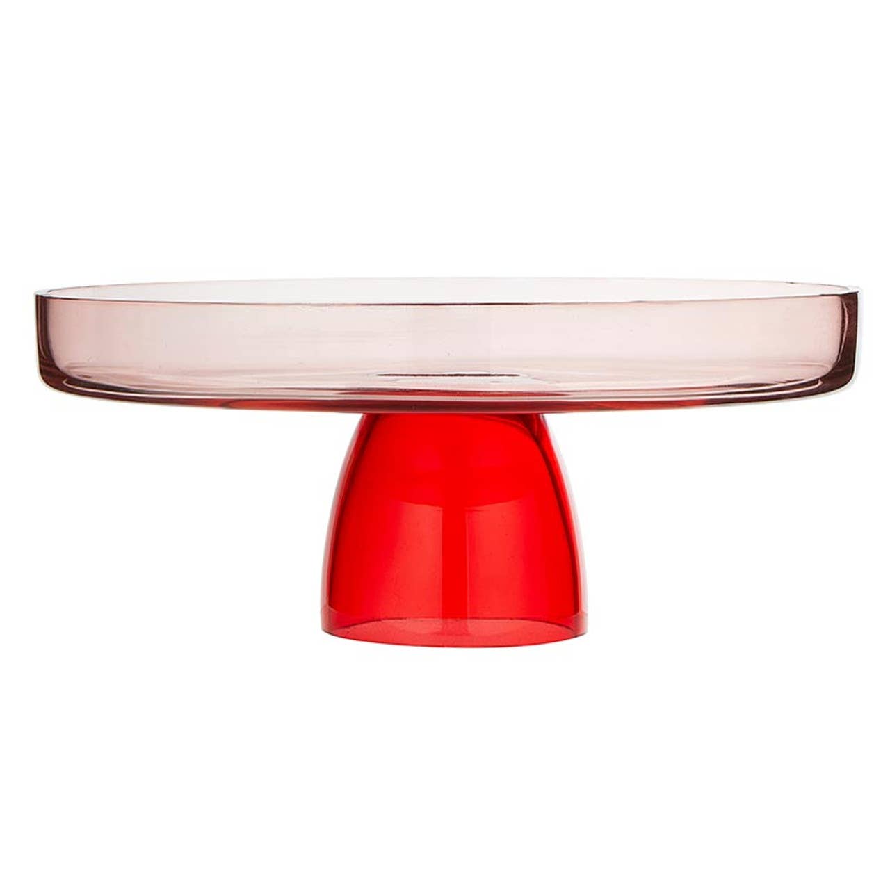 9.5" Glass Cake Stand with pink-tinted top and bright red pedestal base.