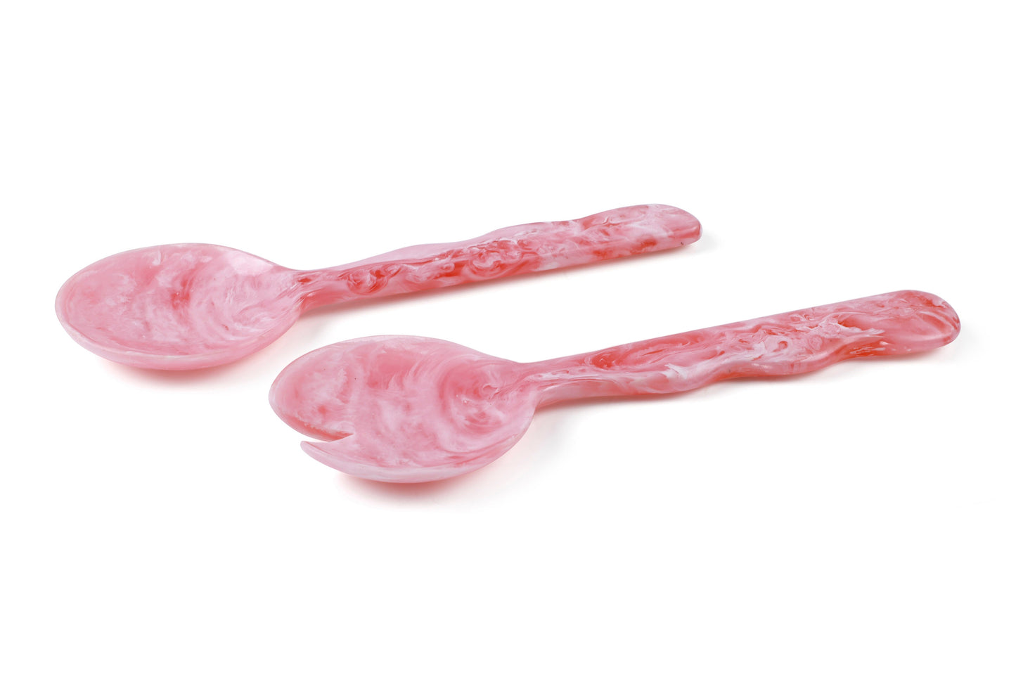 Set of 2 pink marbled resin salad servers—one spoon, one fork, 12.4 x 3.93 inches.