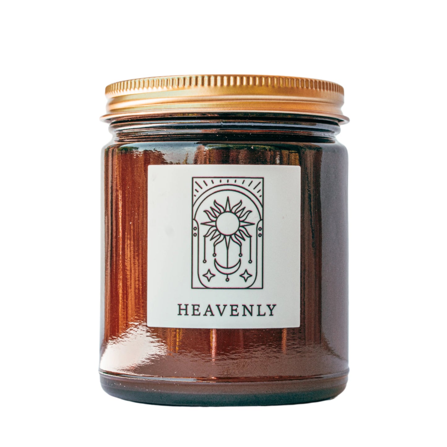 Heavenly Fine Fragrance Candle in amber jar with aloe, orange, chrysanthemum, fir, patchouli coconut wax blend