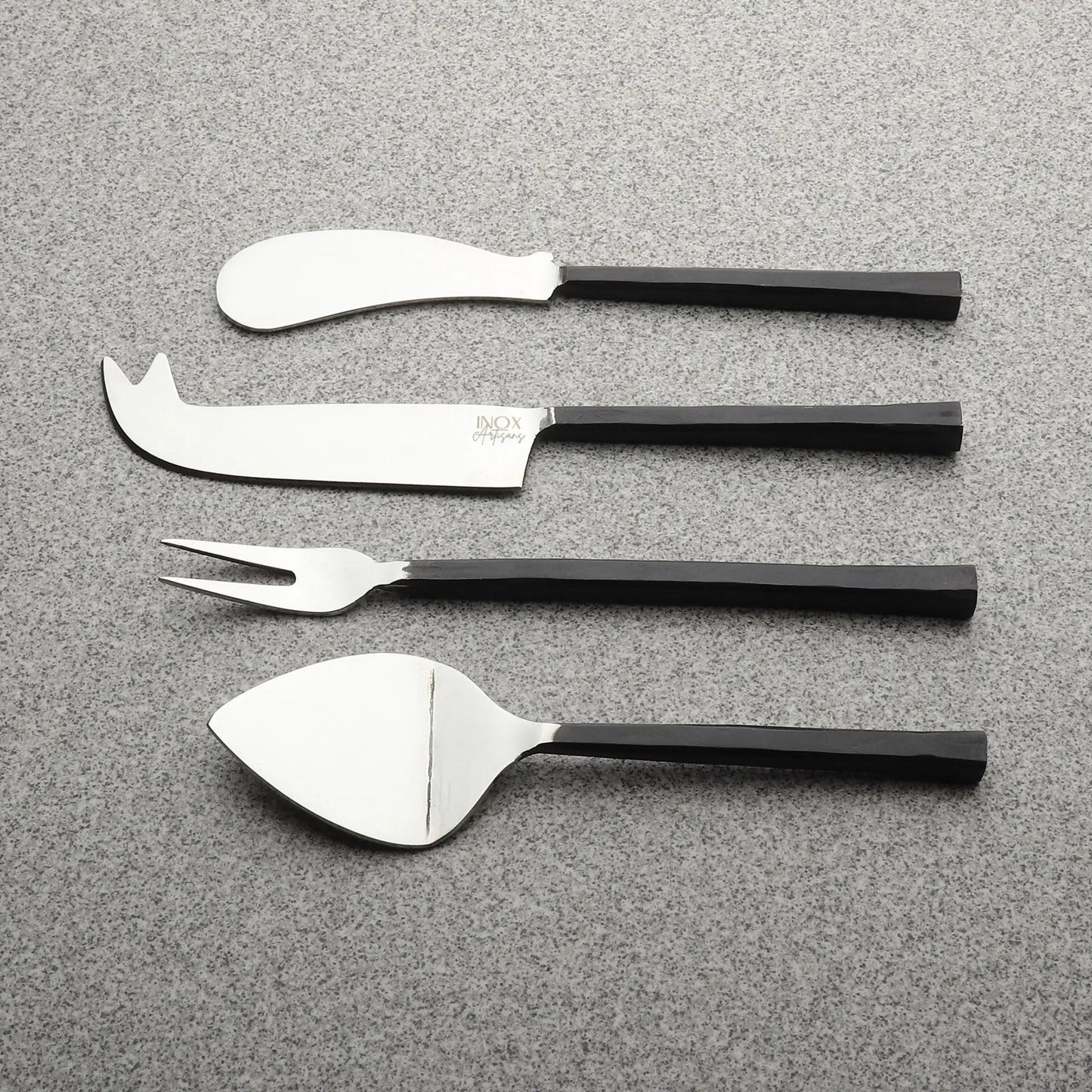 Jason Cheese Accessories 4-Piece Set: four stainless steel cheese tools with black handles for slicing, serving.