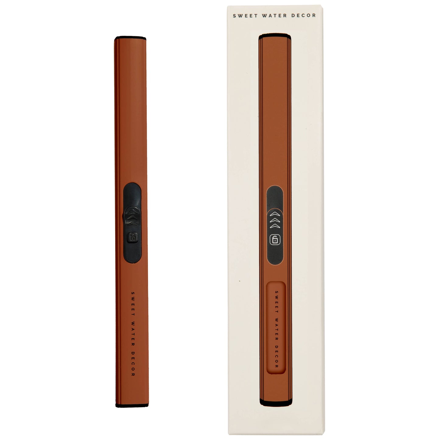 Burnt orange rechargeable electric lighter with flameless ignition, eco-friendly design for candles and fireplaces.