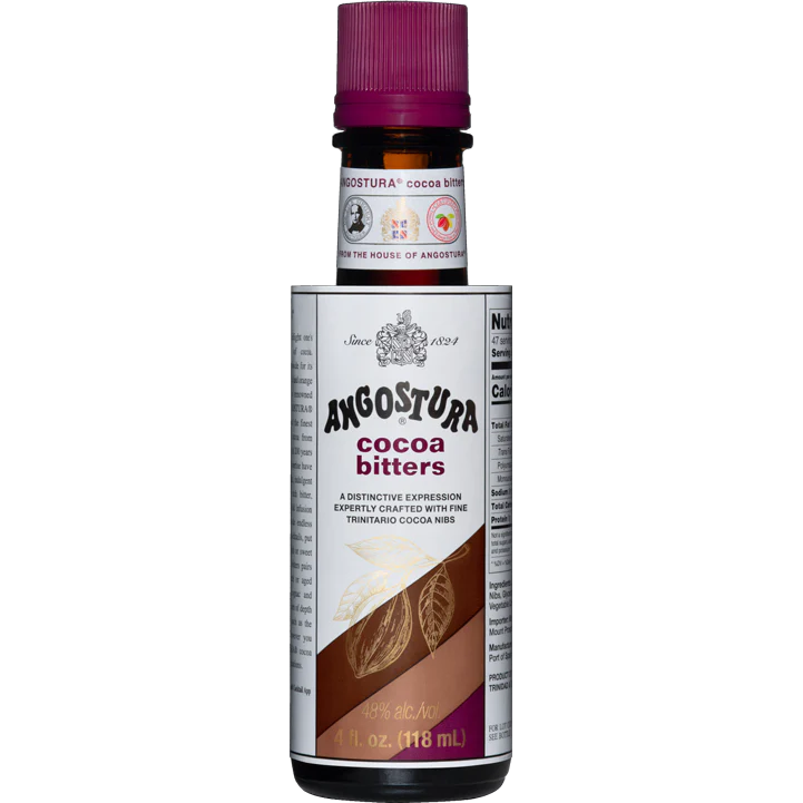 ANGOSTURA Cacao Bitters 4 oz bottle with Trinitario cocoa artwork on the label.