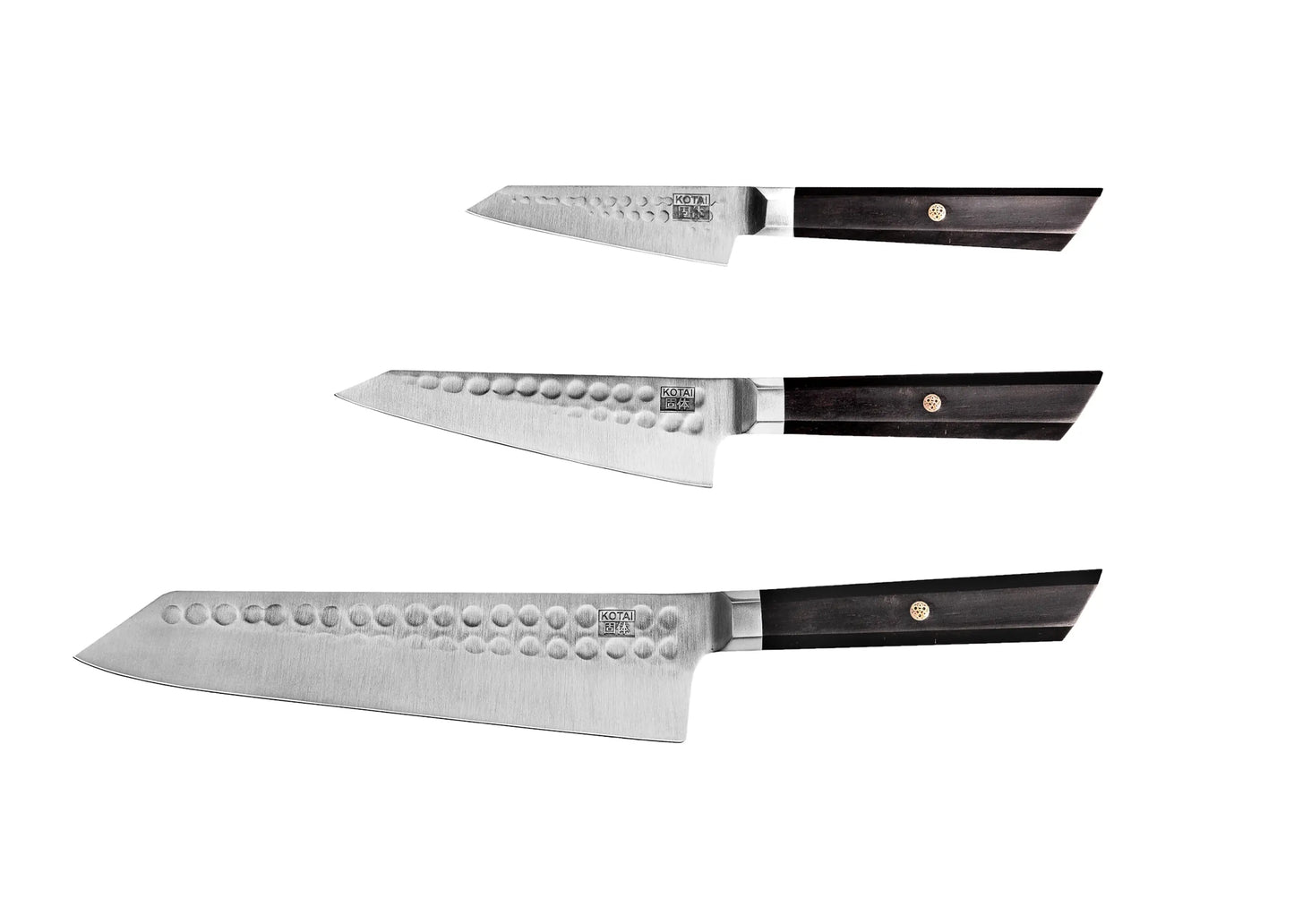 Bunka Essential Knife Set: three inverted-tanto blades with hammered-dimpled surfaces and dark wood handles.