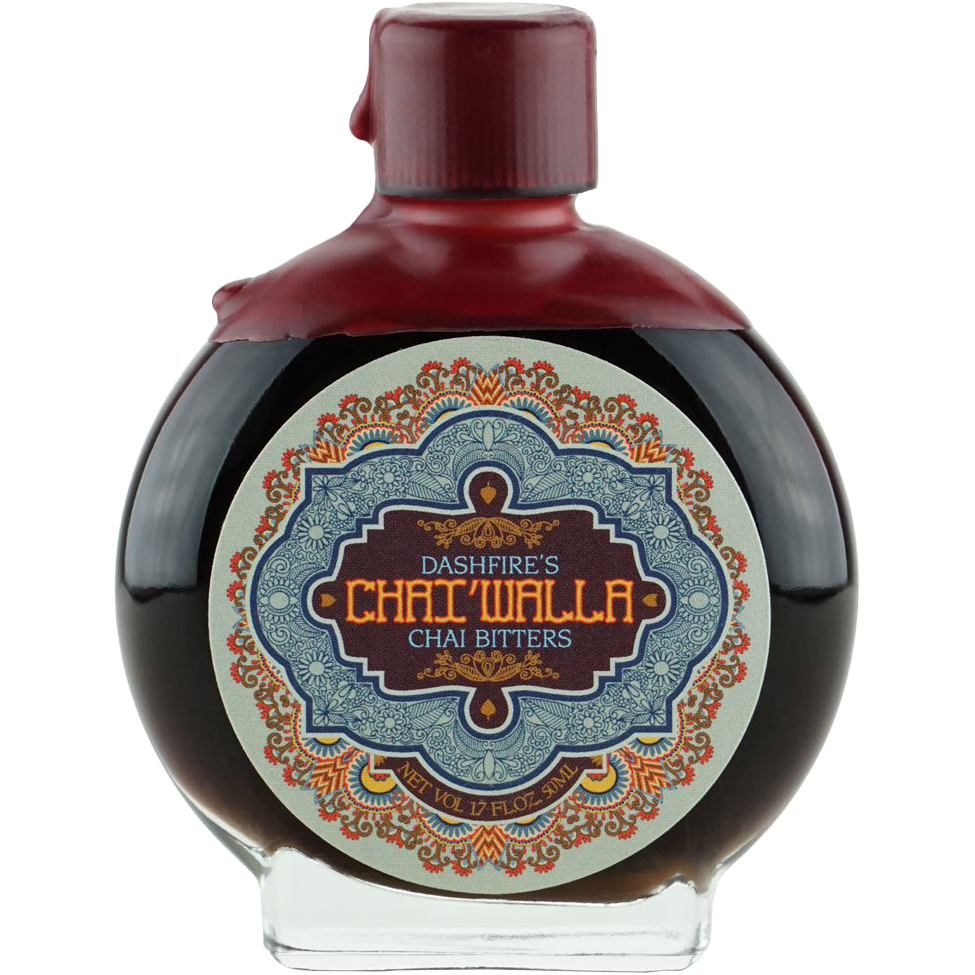 DASHFIRE Chai'Walla Chai Tea Cocktail Bitters 50ml bottle with ornate blue-and-gold label.
