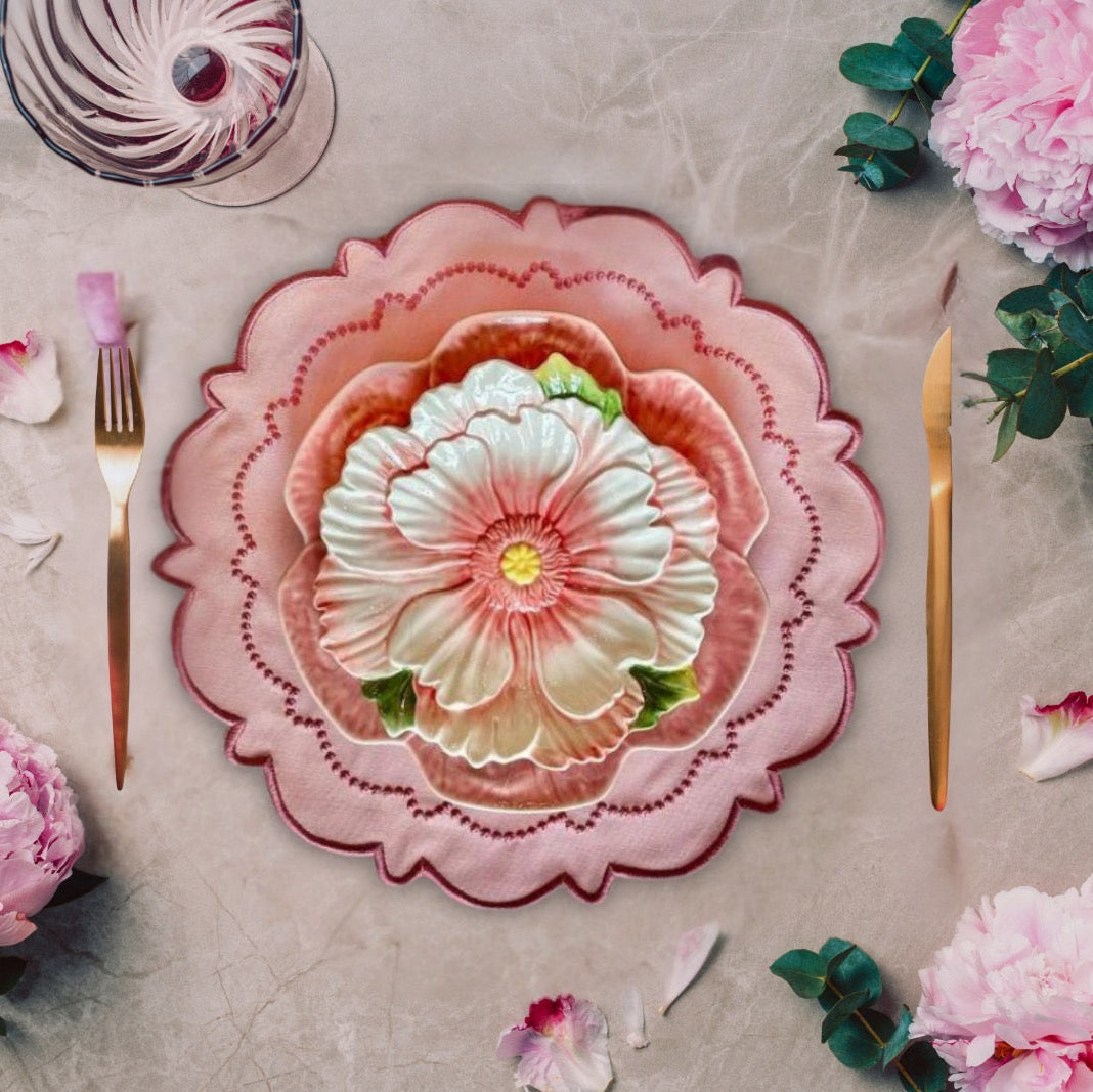 Harmony Pink Round Fabric Placemat with layered flower center, cotton blend, chic dining table decor.