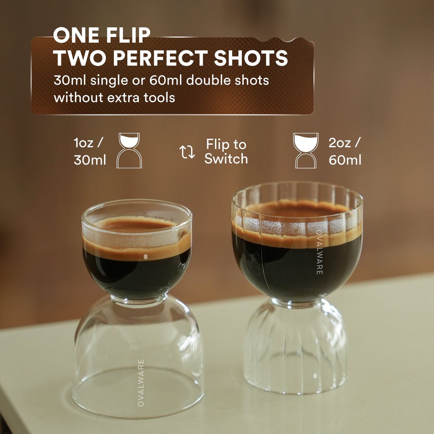 Espresso Shot Glass Set of 2 with flip switch for 30ml/1oz or 60ml/2oz, oval measurement dots for precise dosing.