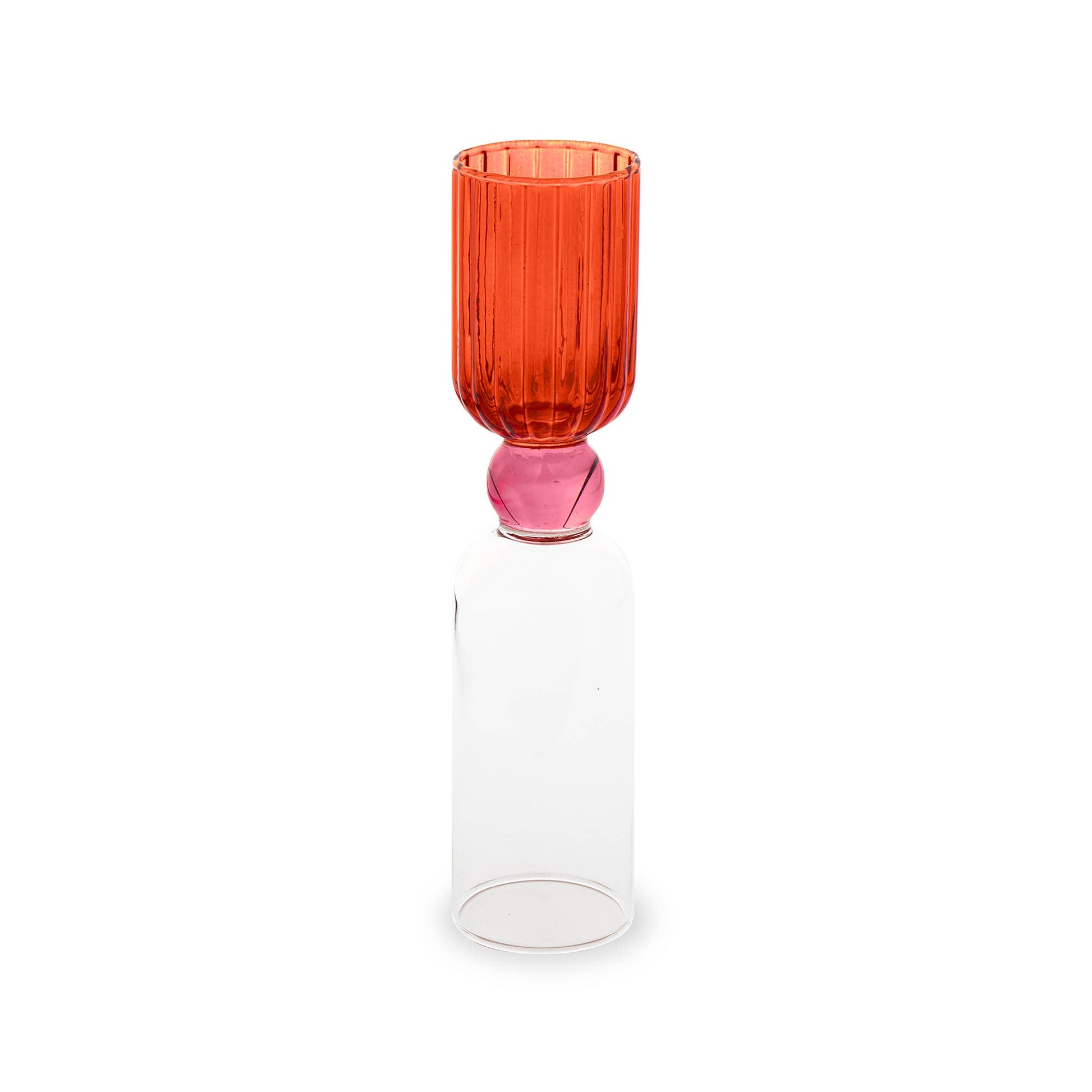 Tipsy Turvy Bar Glass Set: amber ribbed cup atop pink ball with clear stem.