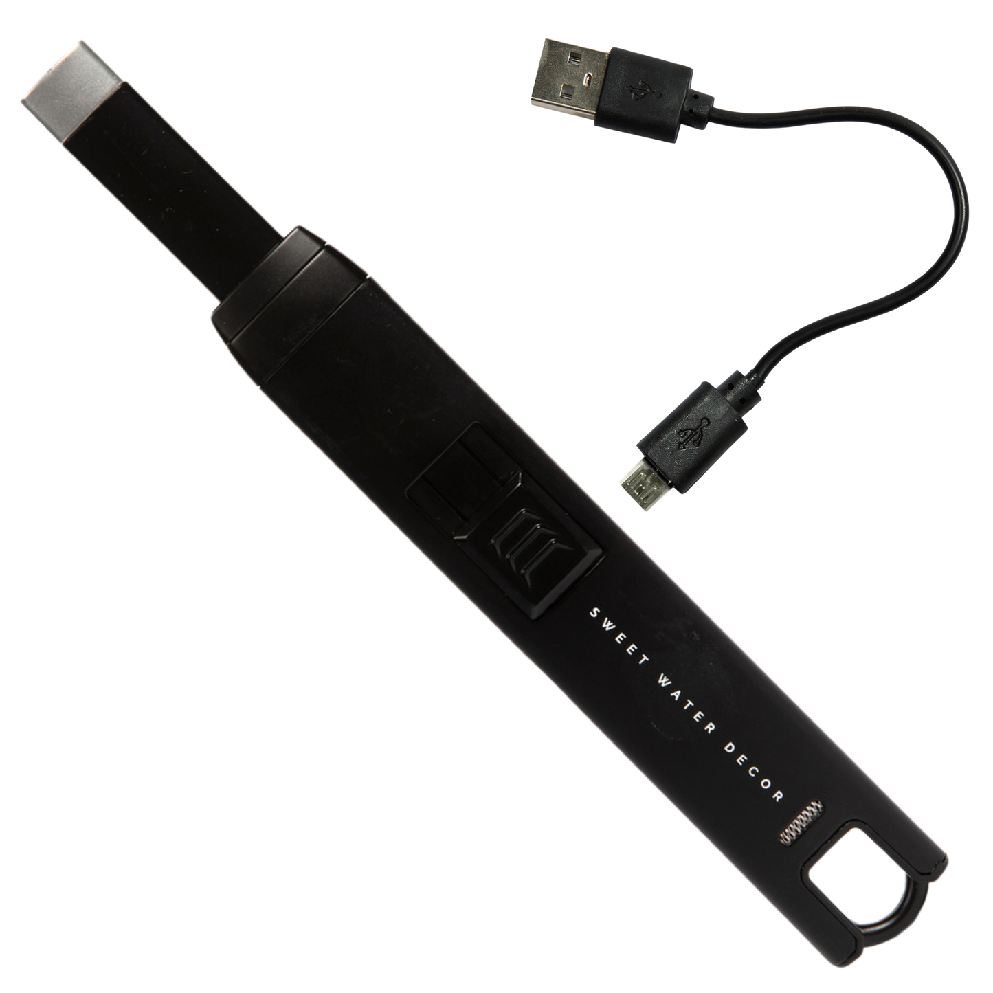 Black large rechargeable electric lighter with USB charging cable and a comfortable grip.