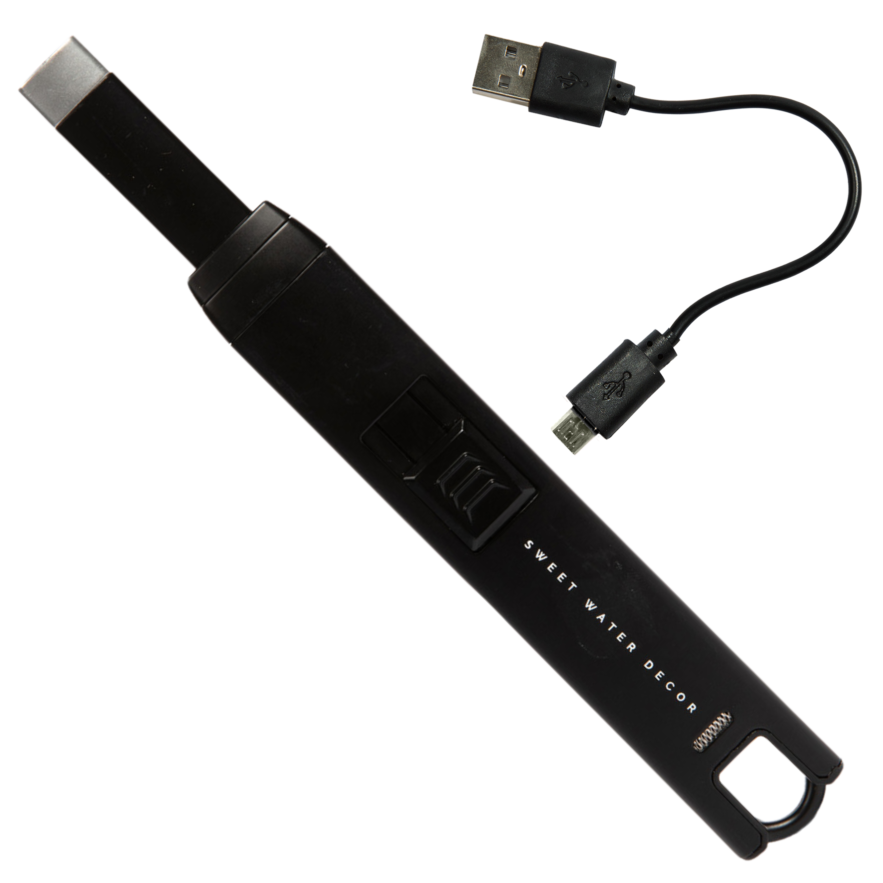 Black large rechargeable electric lighter with USB charging cable and a comfortable grip.