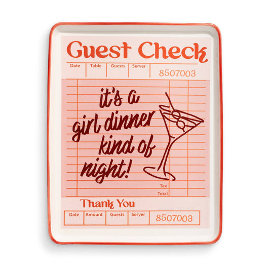 Vintage diner-style ceramic guest check tray featuring "girl dinner" text and cocktail graphic for serving drinks or snacks.