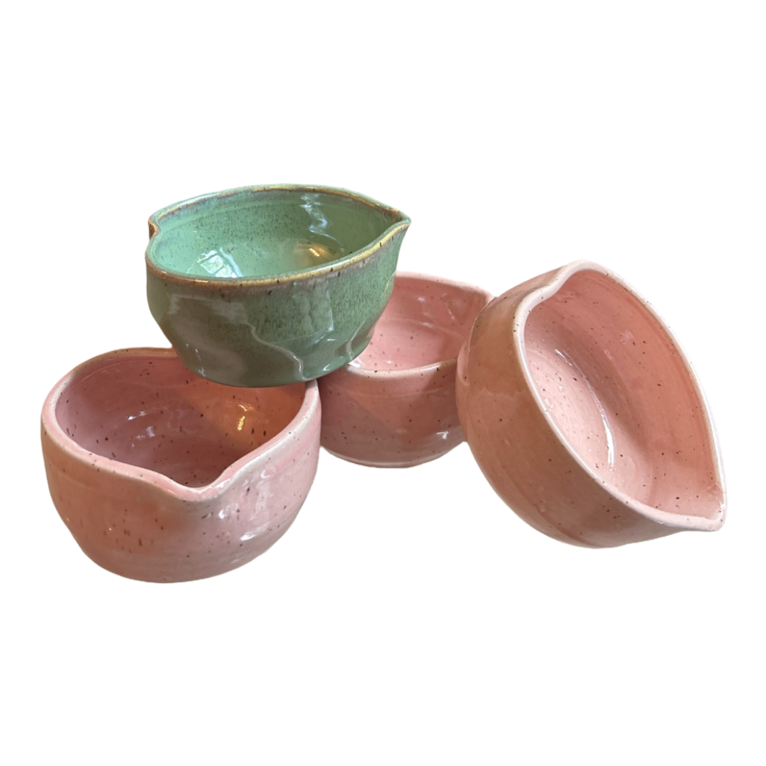 Handcrafted heart-shaped matcha bowl set in pink and green glaze, made in NYC with Marina Caspe.