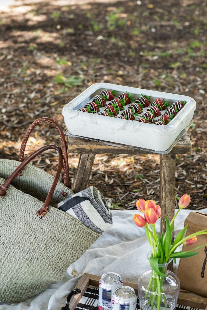 Marble pan frame with clear lid holding chocolate-covered strawberries on a rustic stool during a picnic.