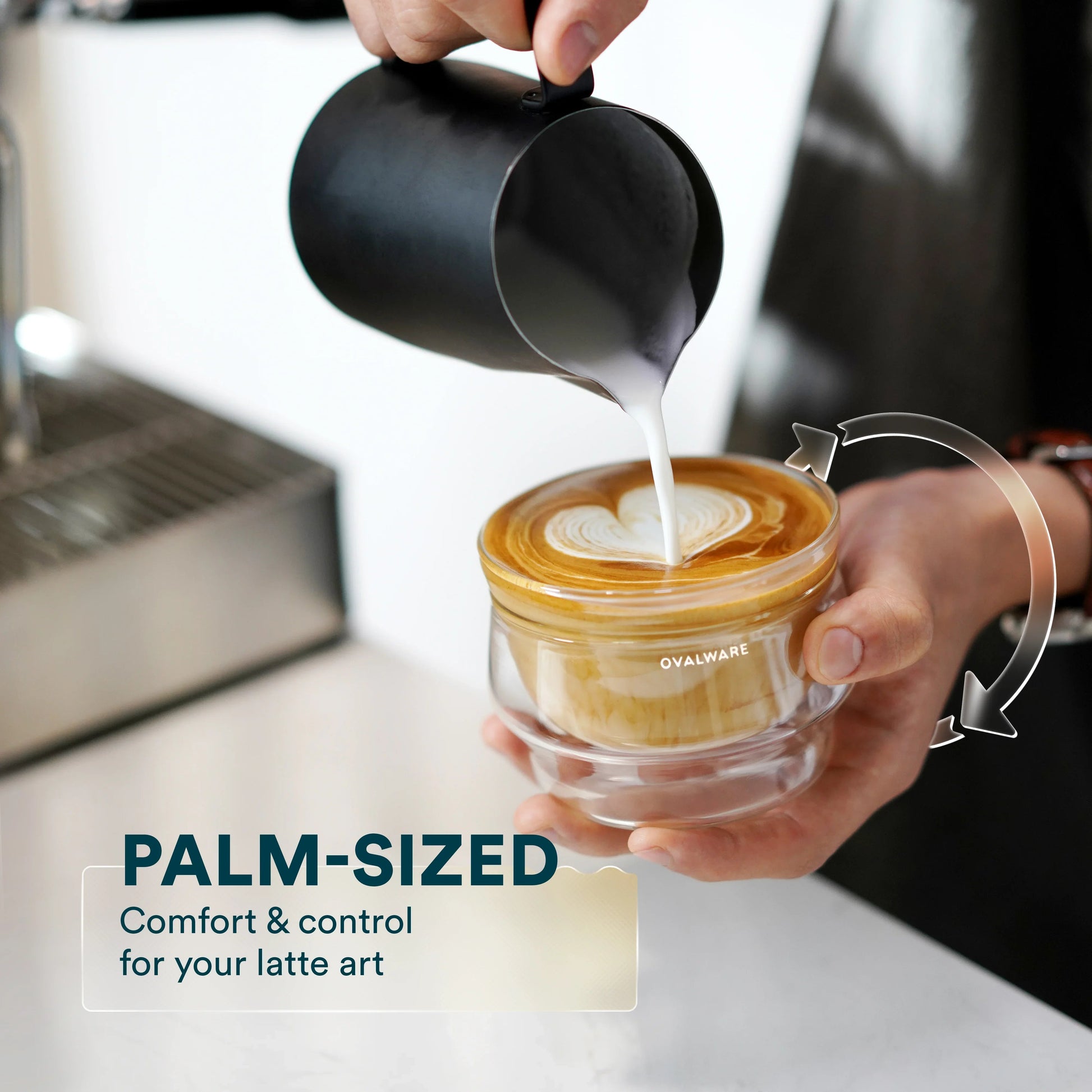 Latte Master Glass 250ml/8.5oz set of 2, pouring milk into a latte with heart latte art.