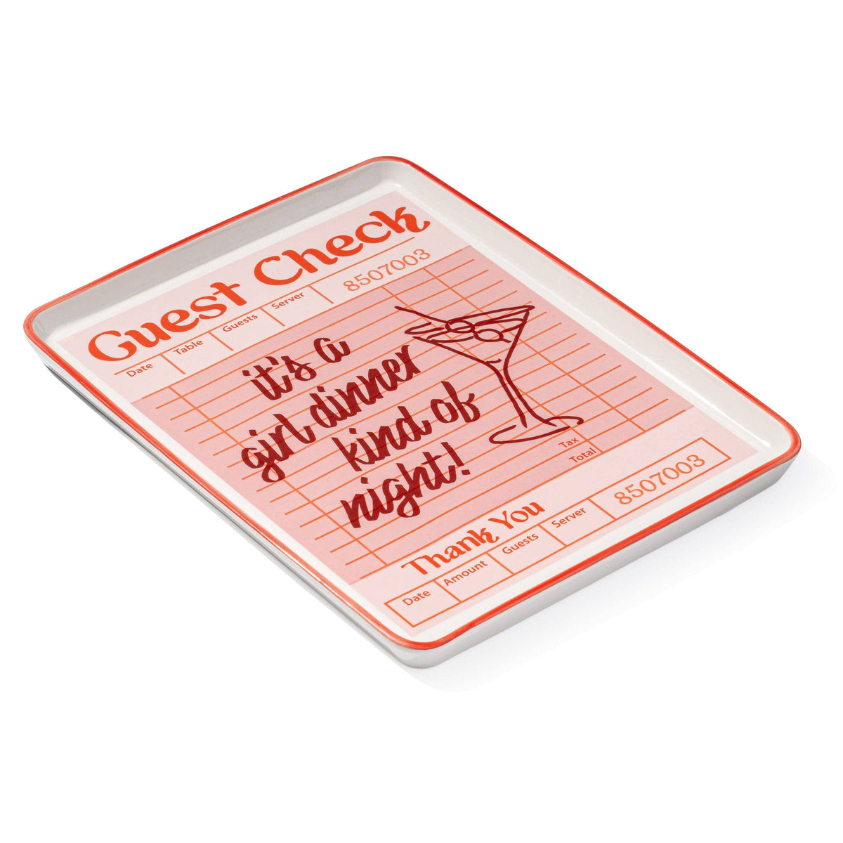 Pink ceramic serving tray designed as a vintage guest check with "girl dinner" text and cocktail graphic.