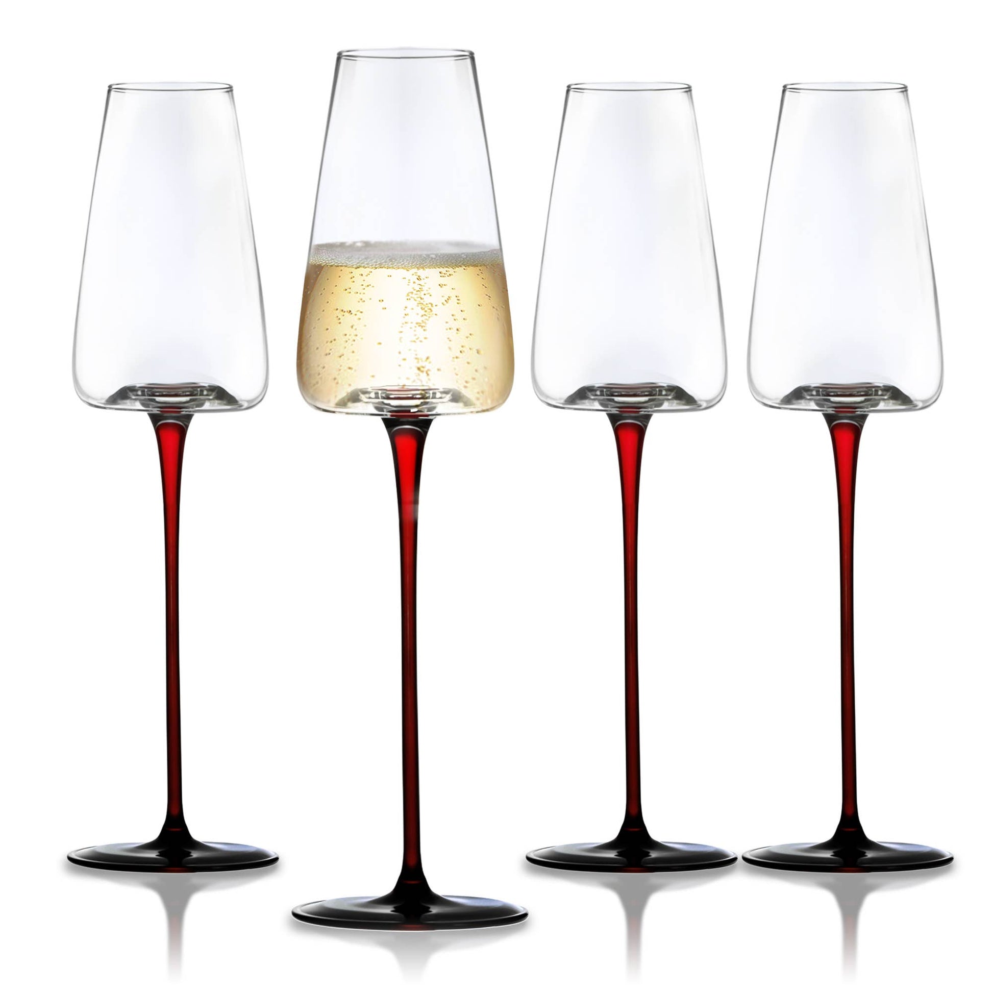Concave Champagne Glass - 9oz: four elegant flutes with red stems, one filled with champagne.