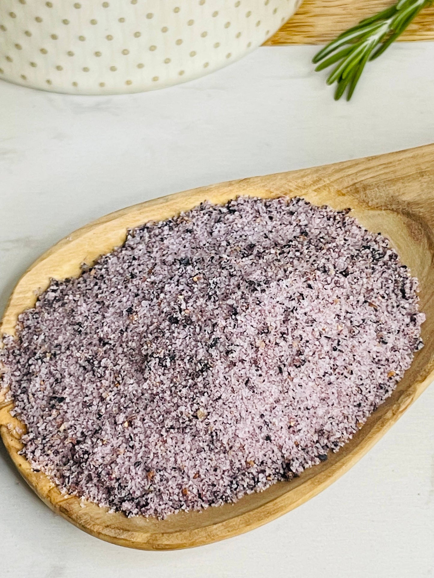 Blueberry Sugar Rim granules on a wooden serving board.