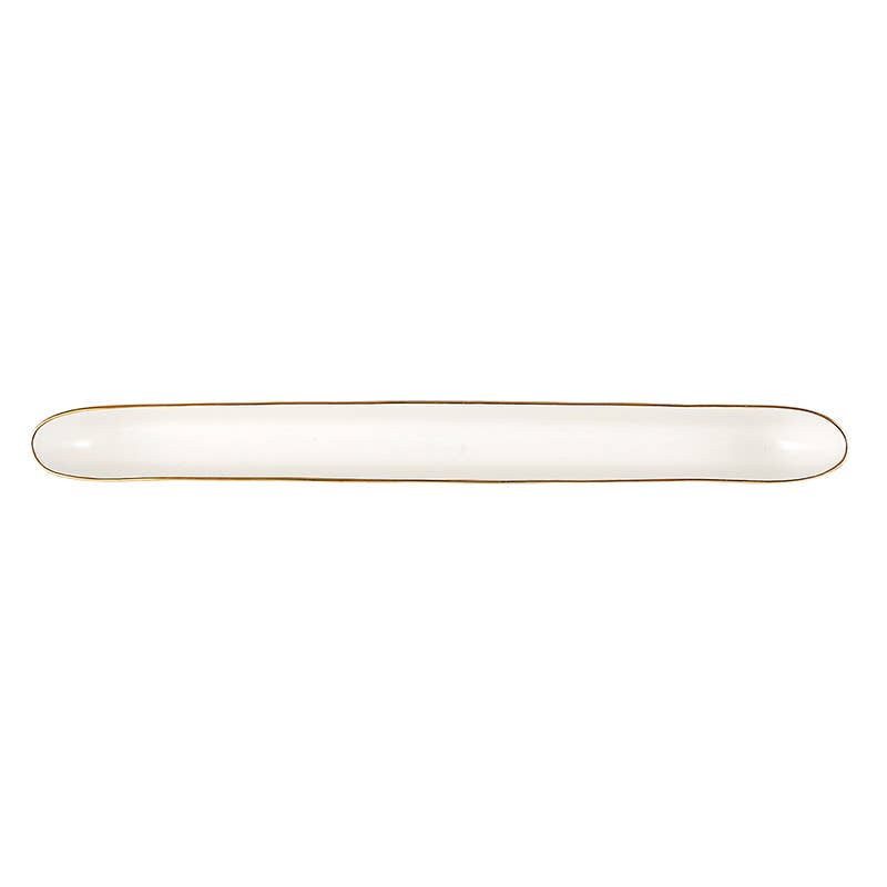 Ceramic Olive Boat serving dish in minimalist white with a gold rim, 16.25 inches wide.