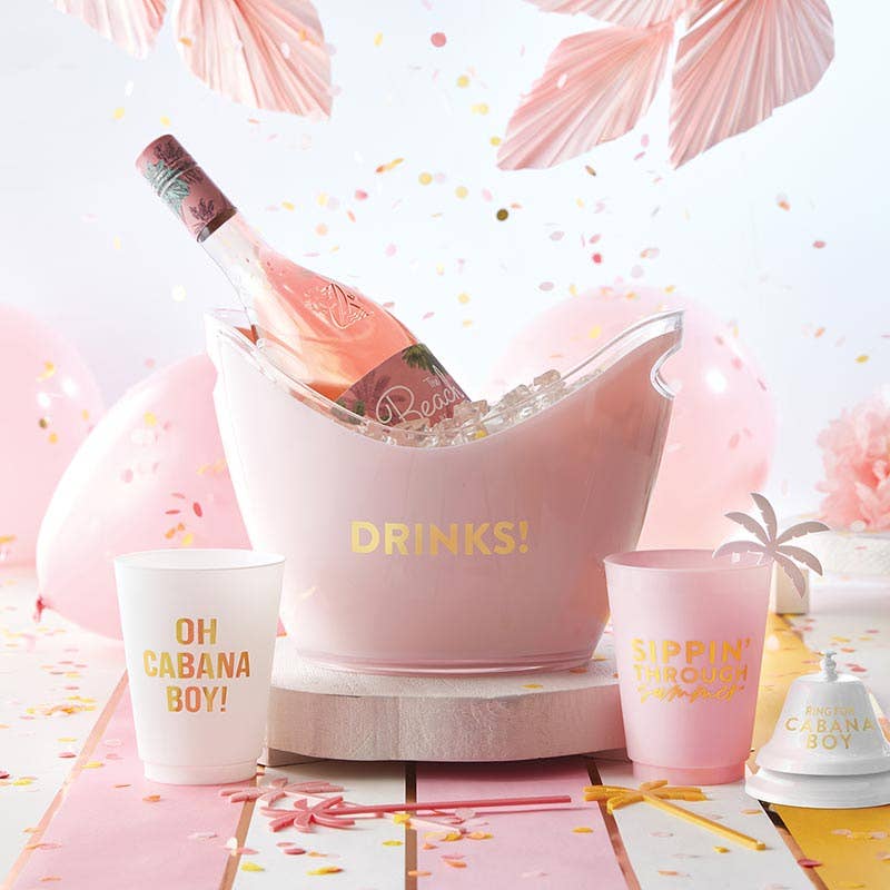Acrylic Beverage Bucket in pink with ice, scooped rim, and cutout handles for easy mobility.
