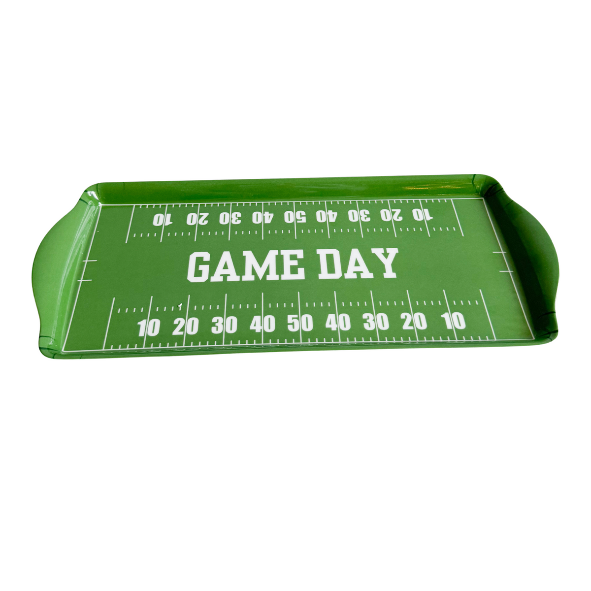 Green melamine football field tray with yard lines and Game Day text for appetizers and tailgate parties.