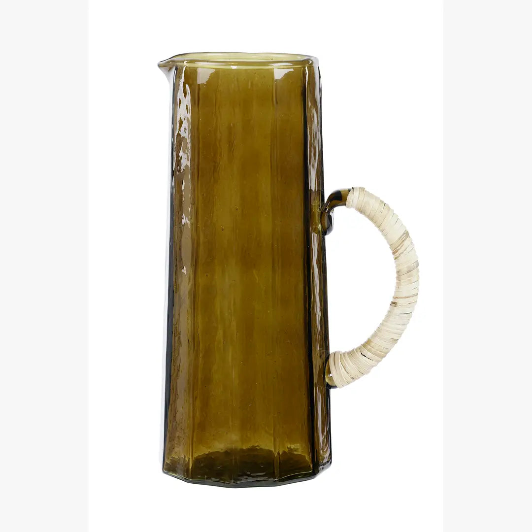 Hammered brown glass water pitcher with a cream-wrapped handle, 6.25 x 9.5 inches, handmade in India.