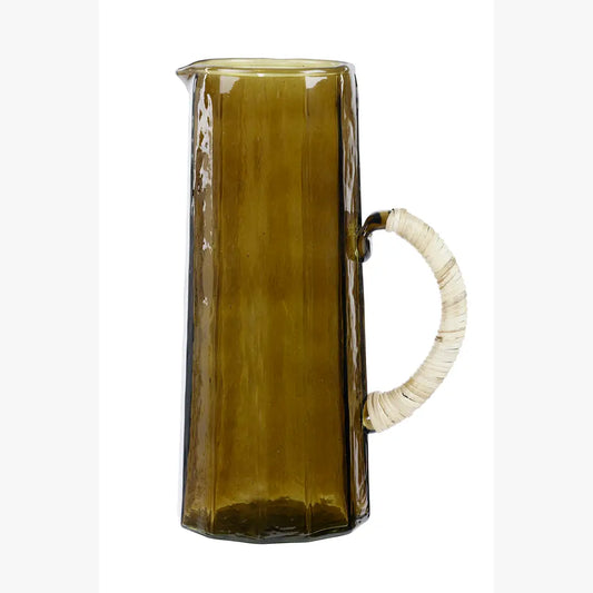 Hammered brown glass water pitcher with a cream-wrapped handle, 6.25 x 9.5 inches, handmade in India.