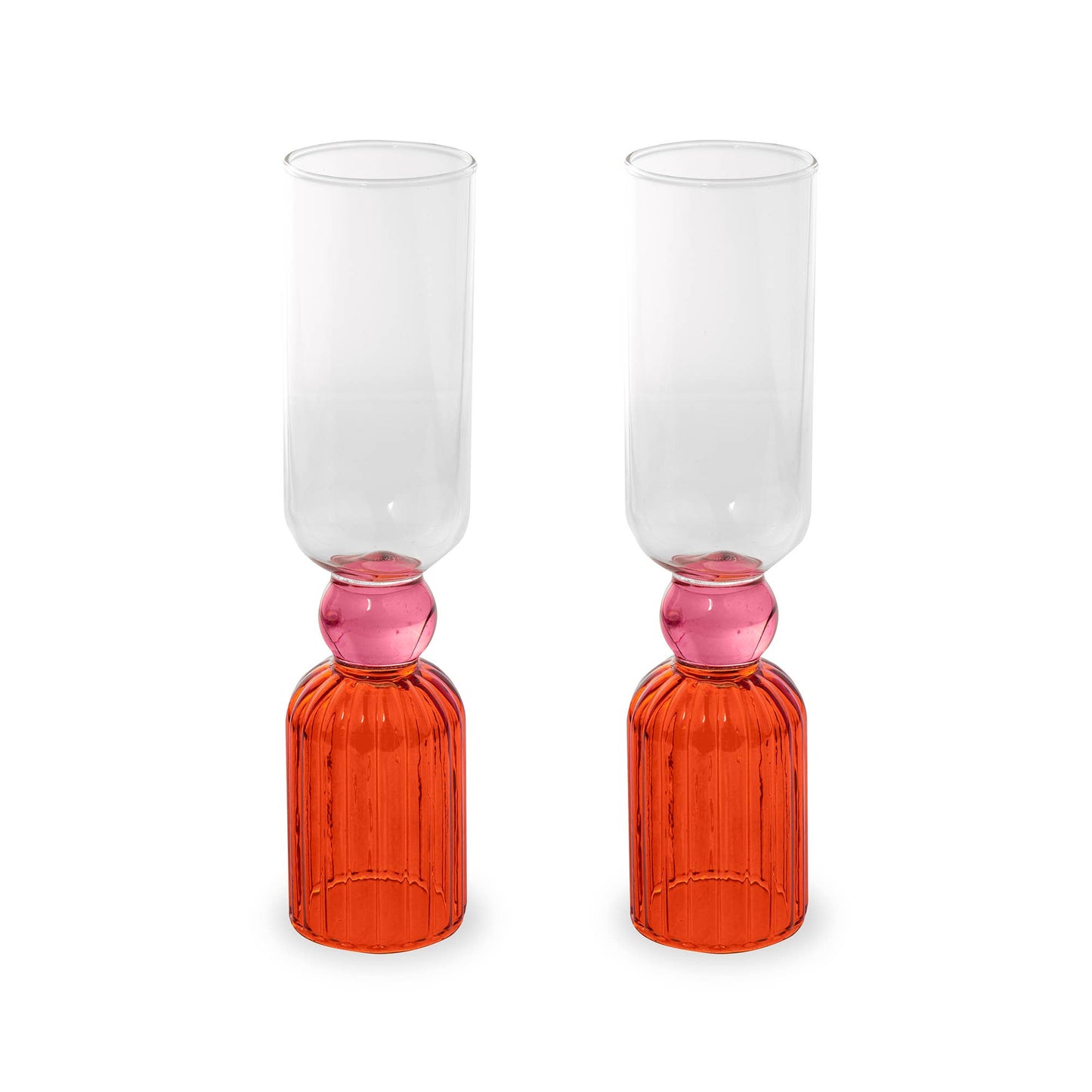 Tipsy Turvy Bar Glass Set: two clear-topped glasses atop orange ribbed bases connected by pink spheres.