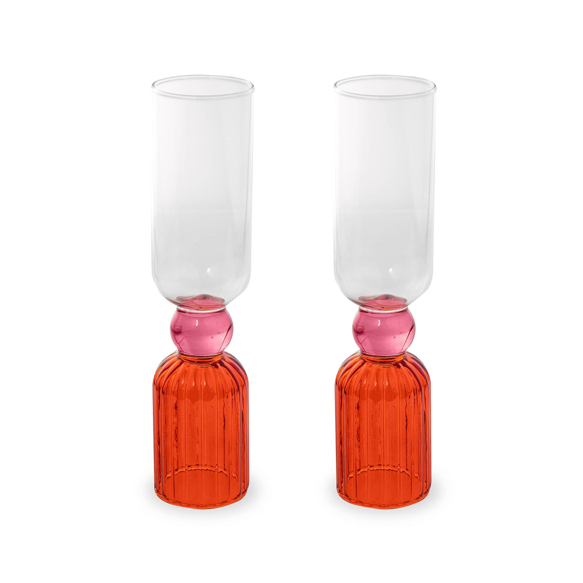 Tipsy Turvy Bar Glass Set: two clear-topped glasses atop orange ribbed bases connected by pink spheres.