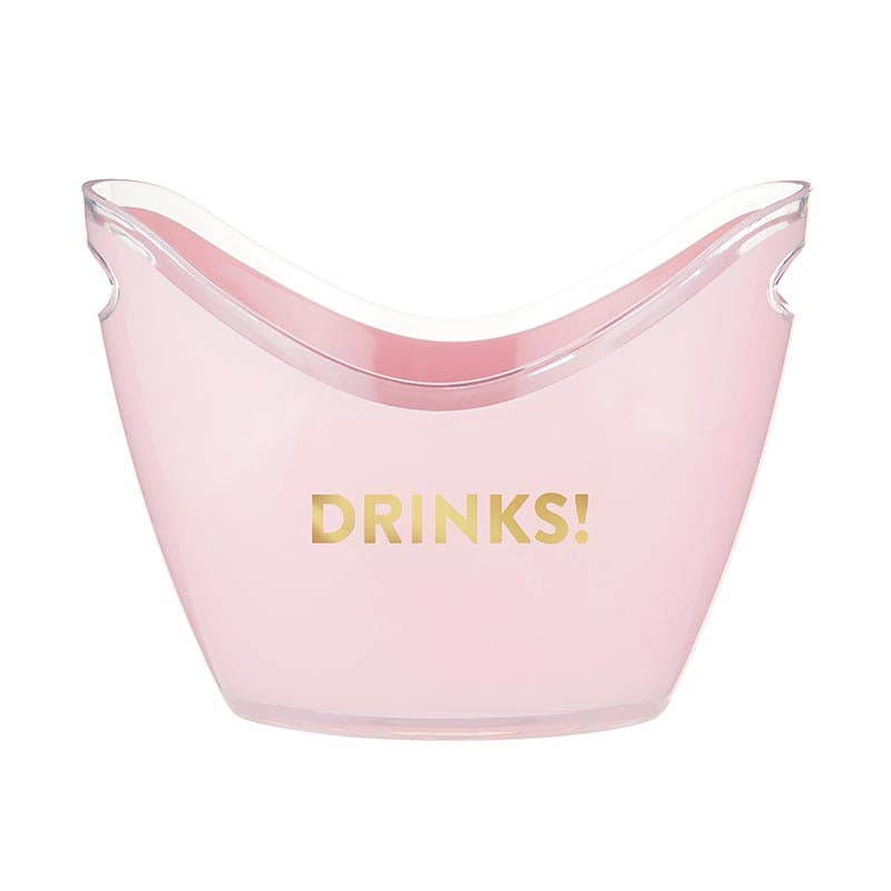 Pink acrylic beverage bucket with cutout handles and gold DRINKS! lettering.