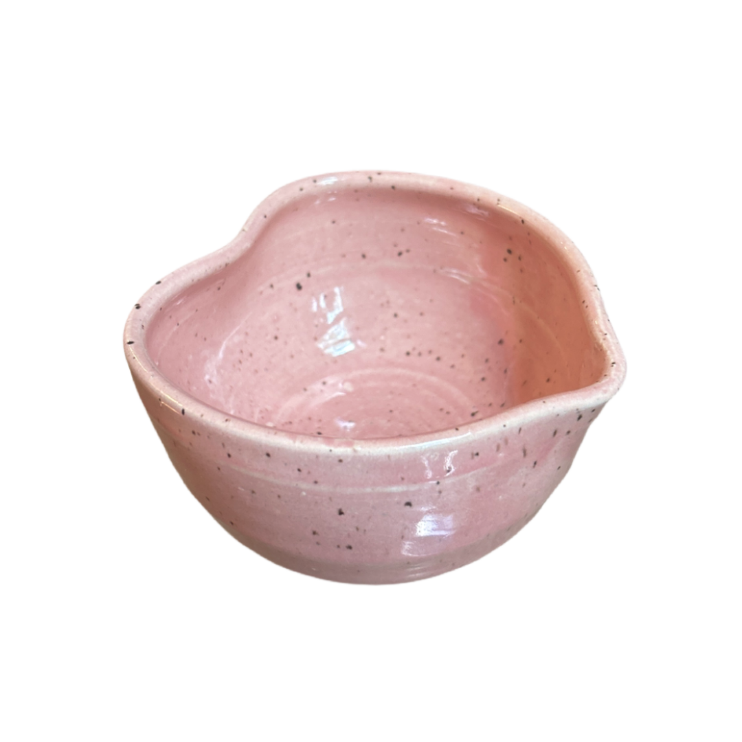 Pink speckled heart-shaped matcha bowl, handcrafted in NYC in collaboration with Marina Caspe.