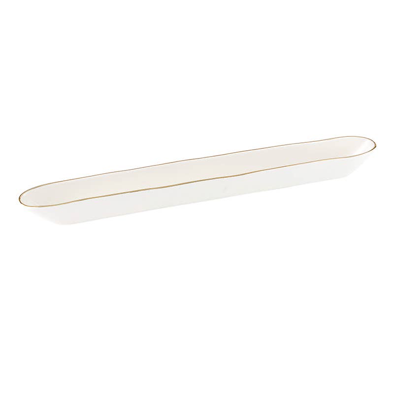 White ceramic olive boat with gold rim, 16.25in long minimalist serving dish.