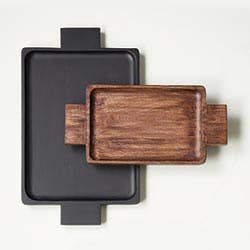 Large black wood serving tray with handles (20 in L x 12 in W), shown with a mango wood tray for serving and display