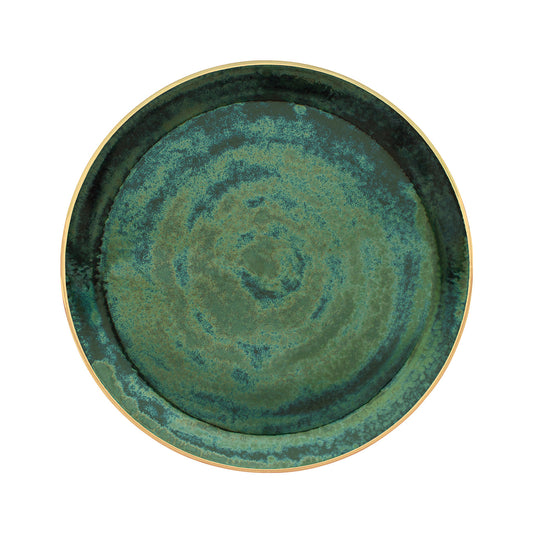 Lush Forest Flat Tart Platter in green malachite glaze with a 24k gold brushed edge.