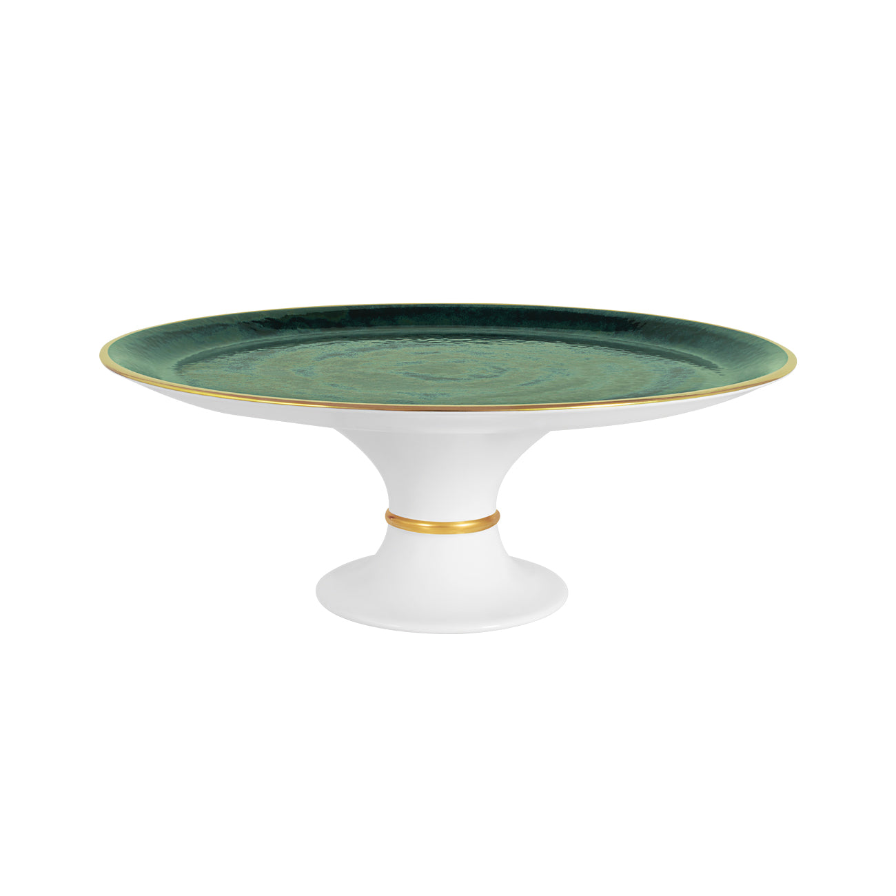 Lush Forest Footed Cake Stand with green malachite-glazed plate, white pedestal, and 24k gold trim.