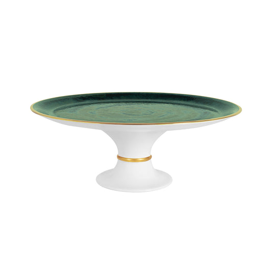 Lush Forest Footed Cake Stand with green malachite-glazed plate, white pedestal, and 24k gold trim.