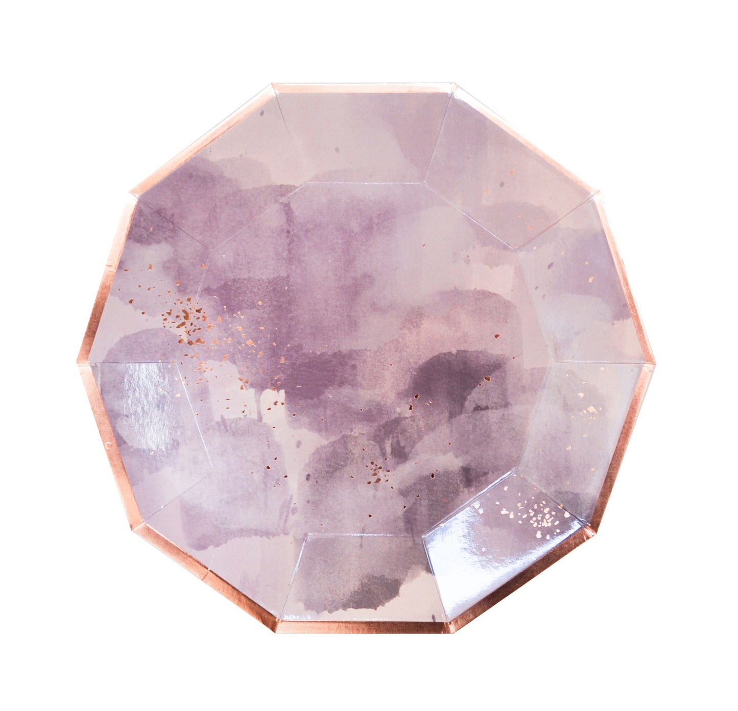 Amethyst light purple watercolor premium large paper plate with rose gold edge, octagonal shape.