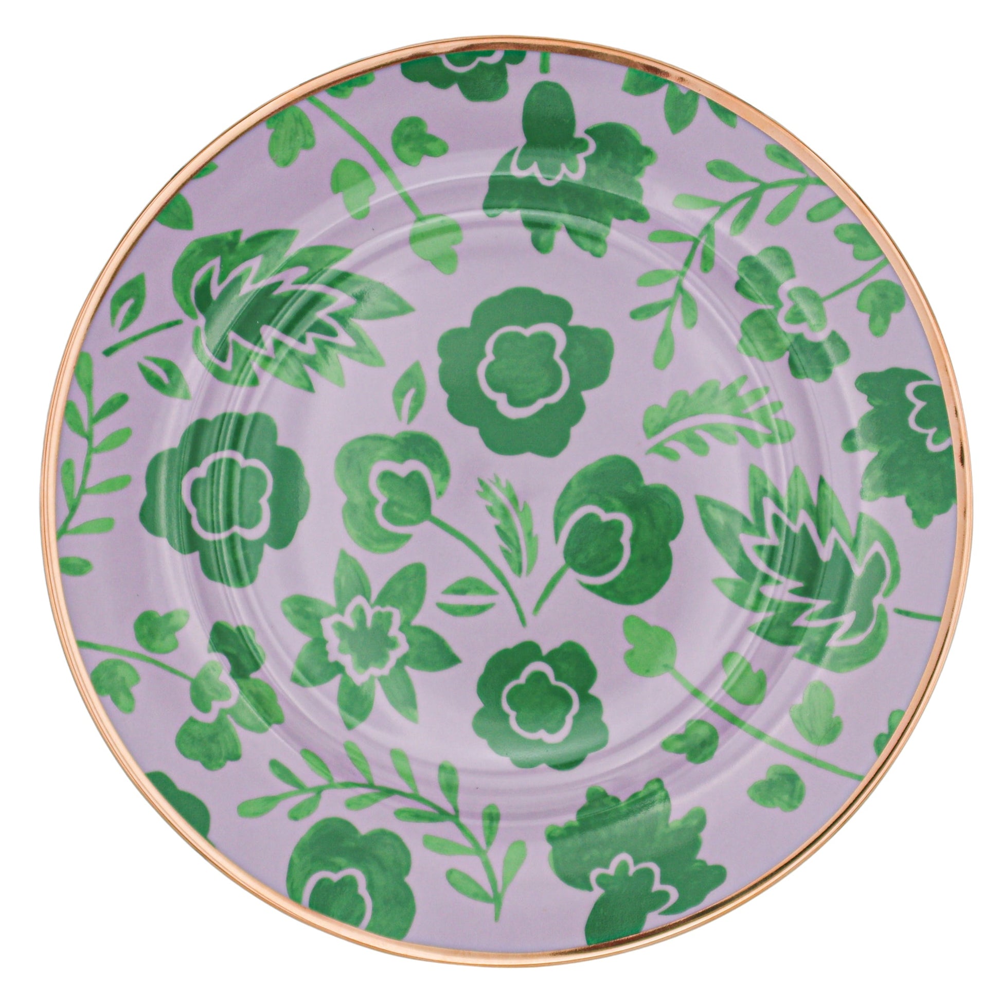 Bernadette Leaf Dinner Plate set of 4 plus 1 bonus, lavender plate with green botanical pattern and gold rim.