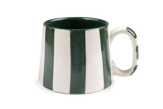 Ceramic olive-green striped coffee mug with green interior and ergonomic handle.