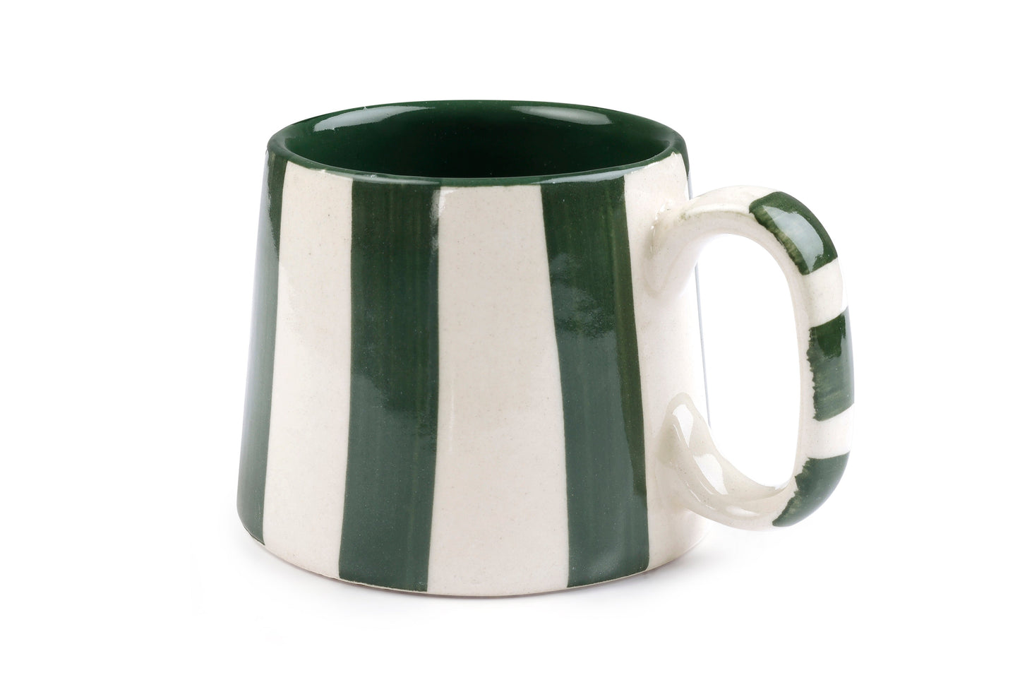 Ceramic olive stripe coffee cup with dark green vertical stripes on cream, ergonomic handle.