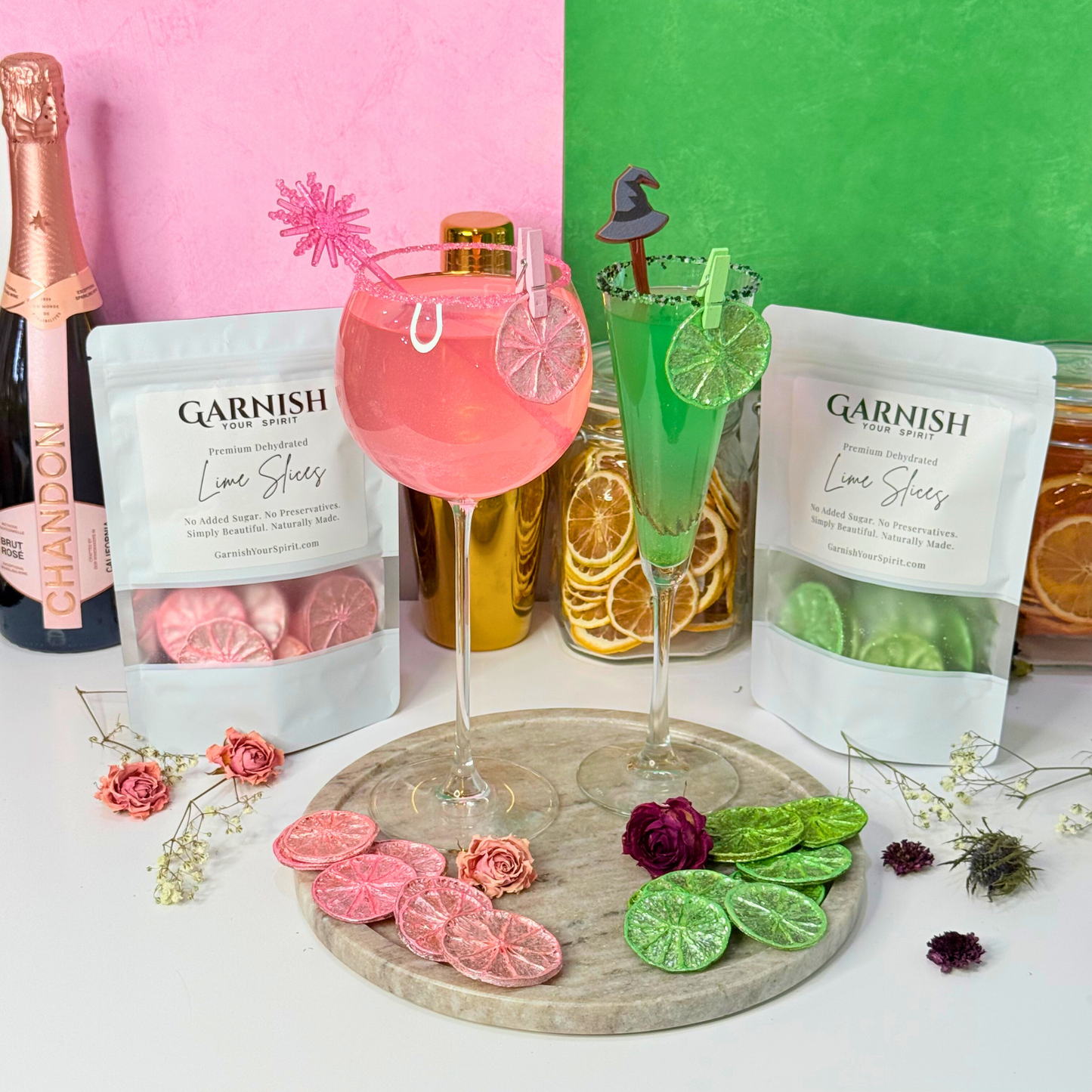 Wicked Inspired Pink and Green Luster Dust Dried Lime Garnish Set-2-Pack, lime slice accents for drinks and decor.