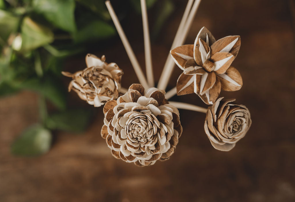 Handmade floral reeds with dried botanical toppers for diffuser fragrance renewal