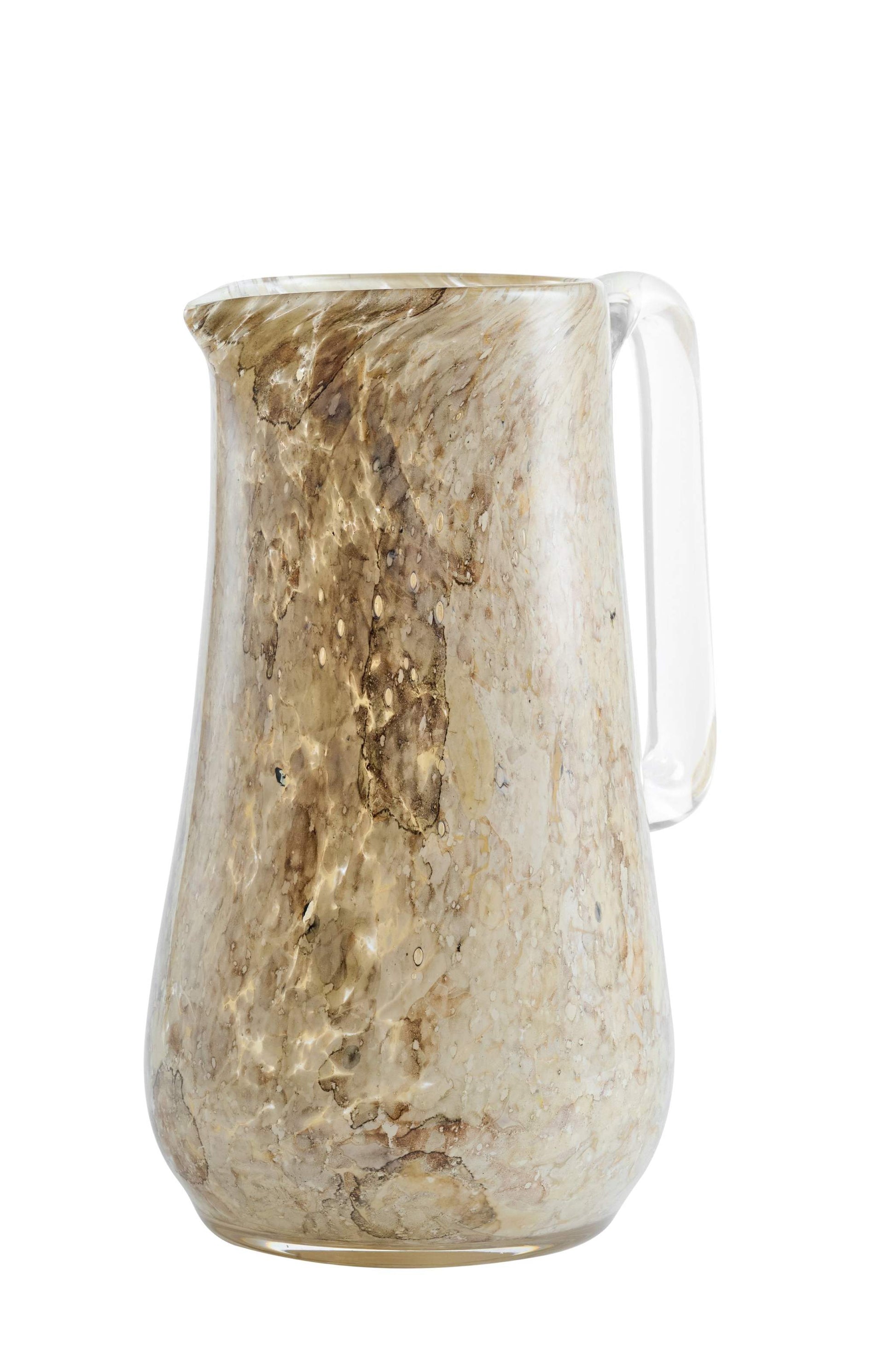 Hand blown glass pitcher for water, drinks and flowers with marble-inspired beige pattern and clear, sturdy handle.