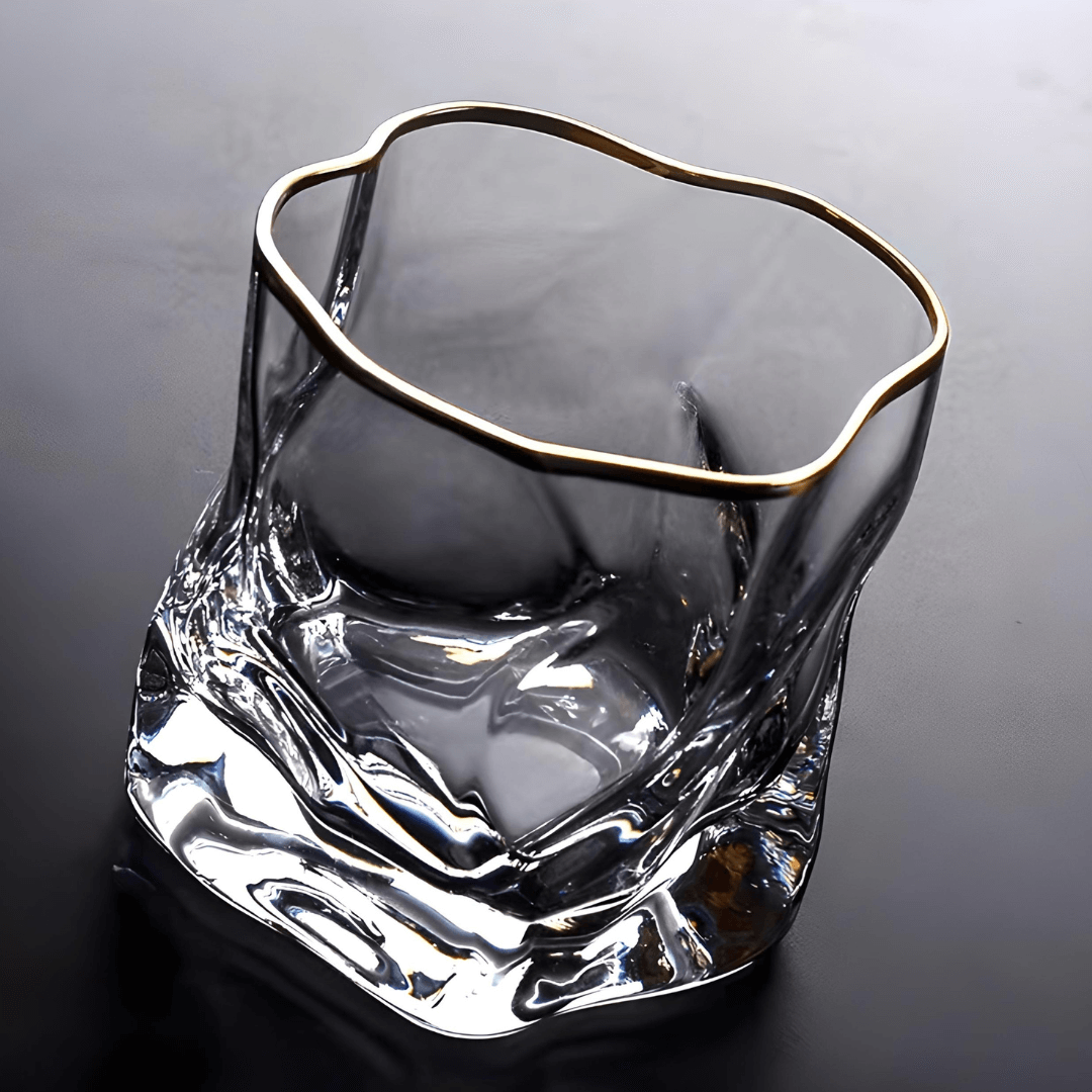 Gold Hoshi Japanese crystal whisky glass with a gold rim and textured exterior for easy grip while swirling whisky.