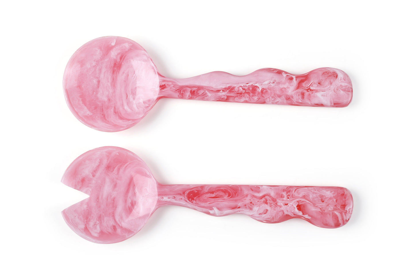 Two pink resin salad servers (set of 2) with marble finish, 12.4 x 3.93 in, round spoon and fork-style scoop.
