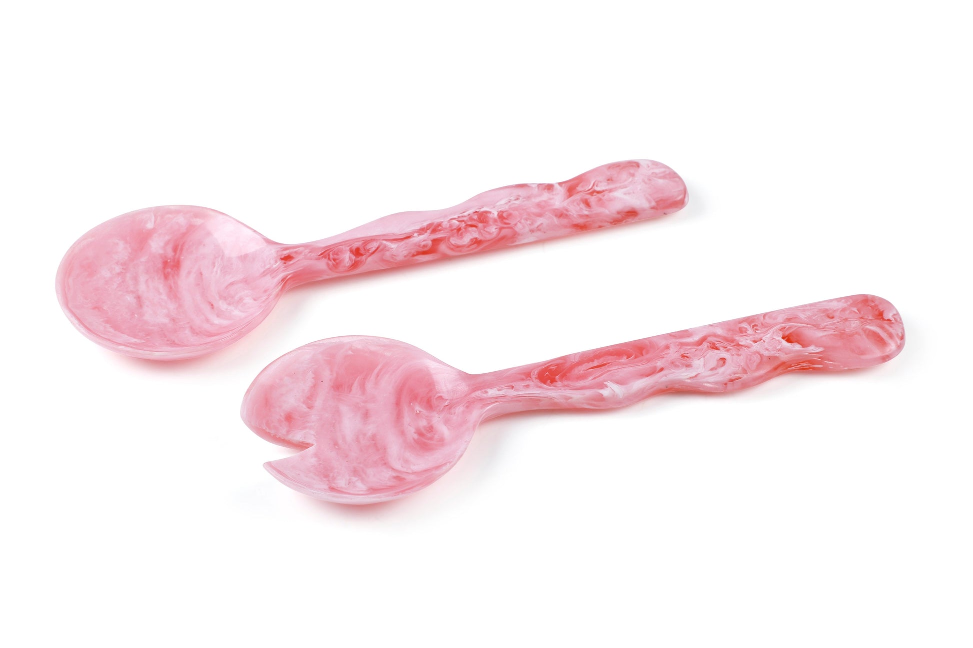 Pink resin salad servers, set of 2, 12.40 x 3.93 in, marbled swirl finish.