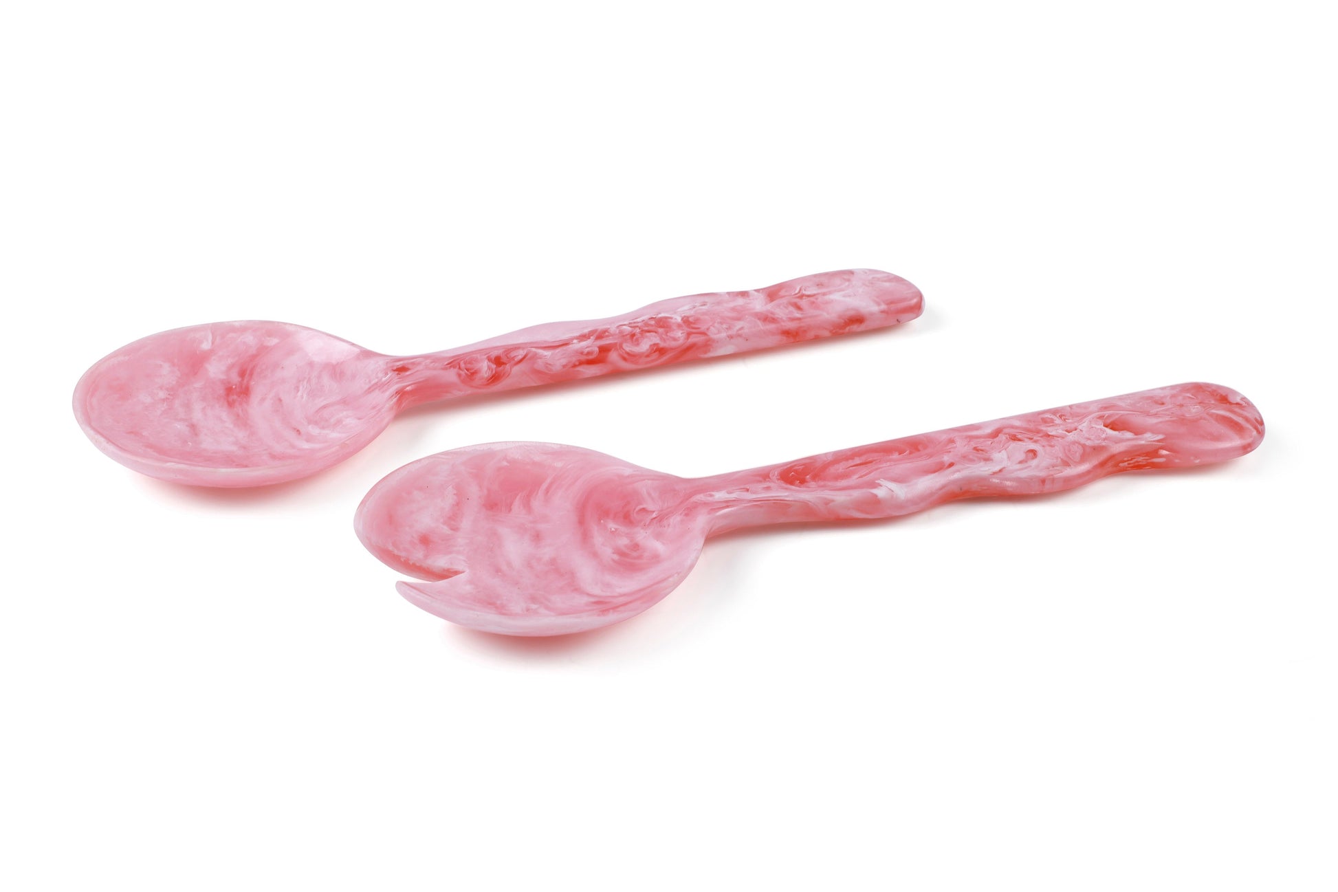 Set of 2 pink marbled resin salad servers—one spoon, one fork, 12.4 x 3.93 inches.
