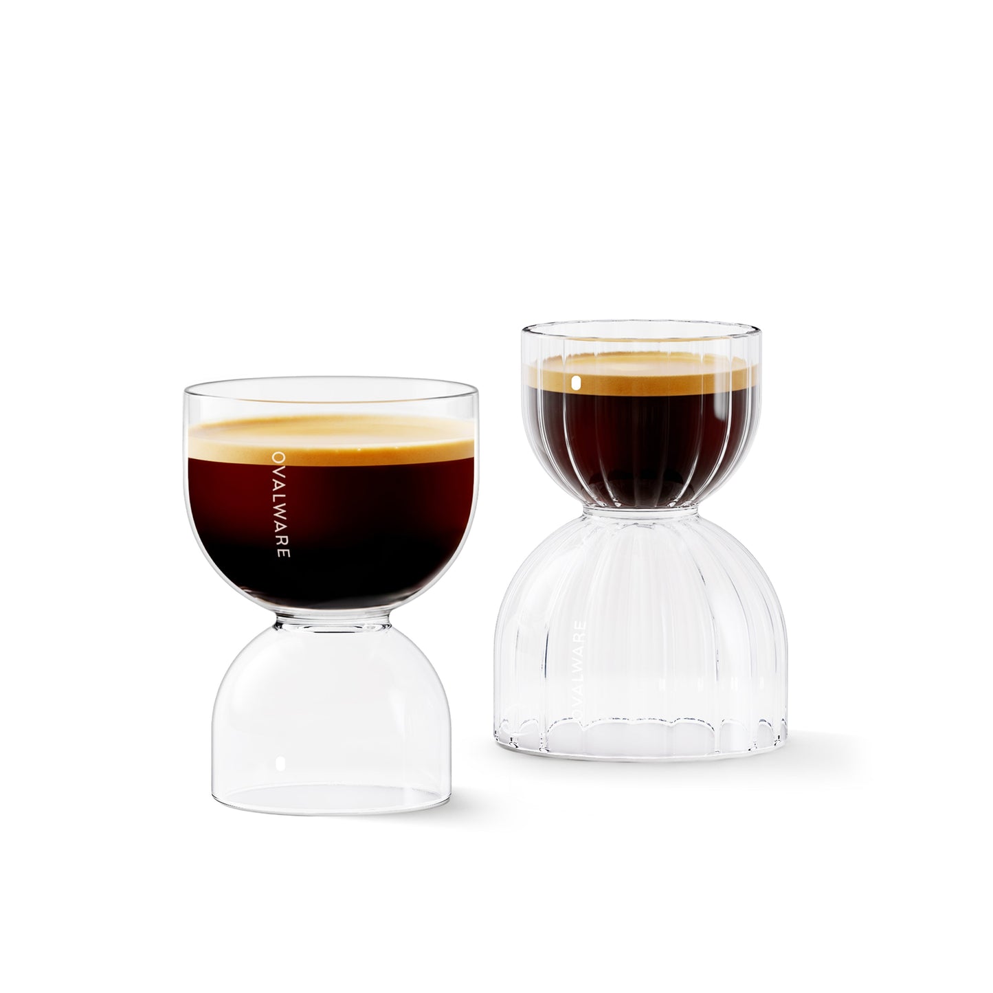 Espresso shot glasses set of 2 with dual 30ml/1oz and 60ml/2oz volumes and oval dosing dots.
