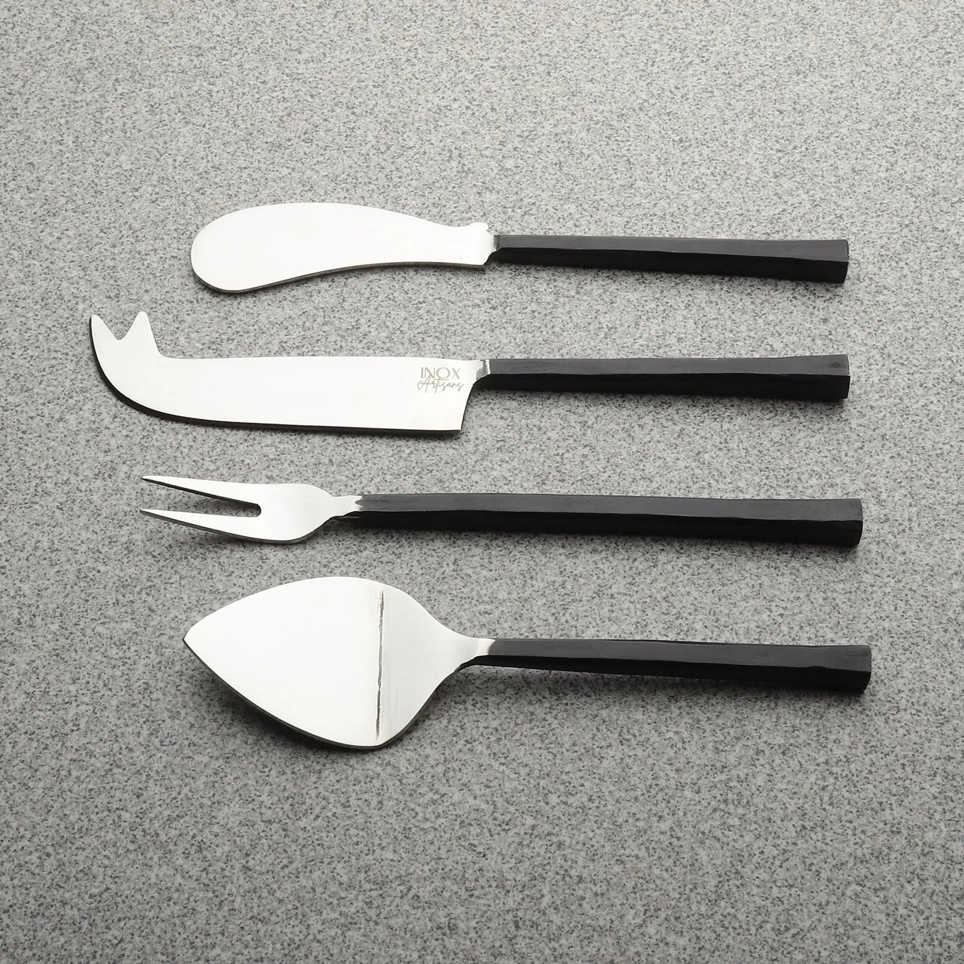 Jason Cheese Accessories 4-Piece Set: four stainless steel cheese tools with black handles for slicing, serving.