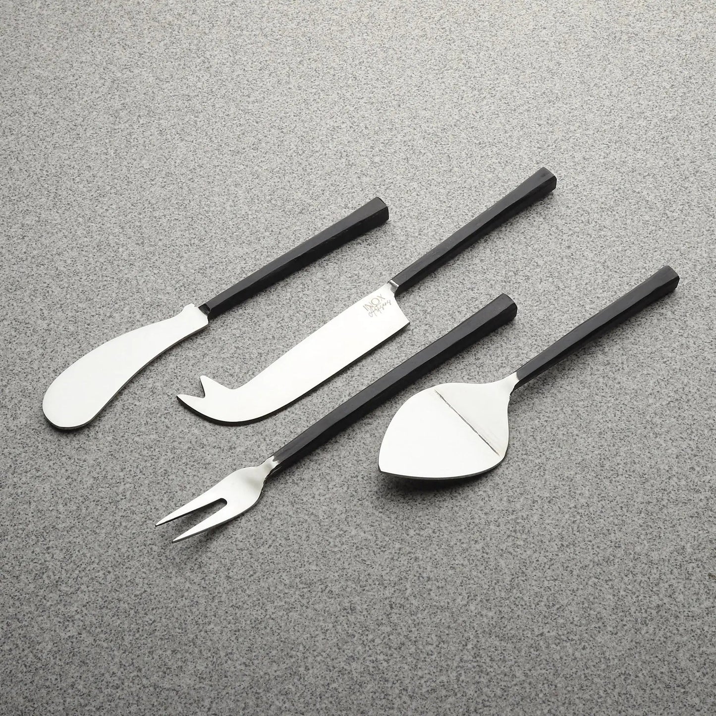 Jason cheese accessories 4 pc set: spreader, notch knife, two-prong fork, spatula, black handles.